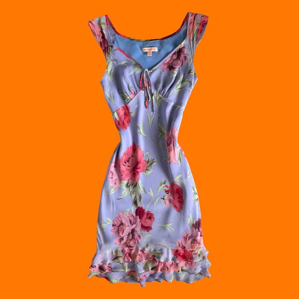 00's vintage periwinkle floral romantic 100% silk coquette y2k dress Size 4